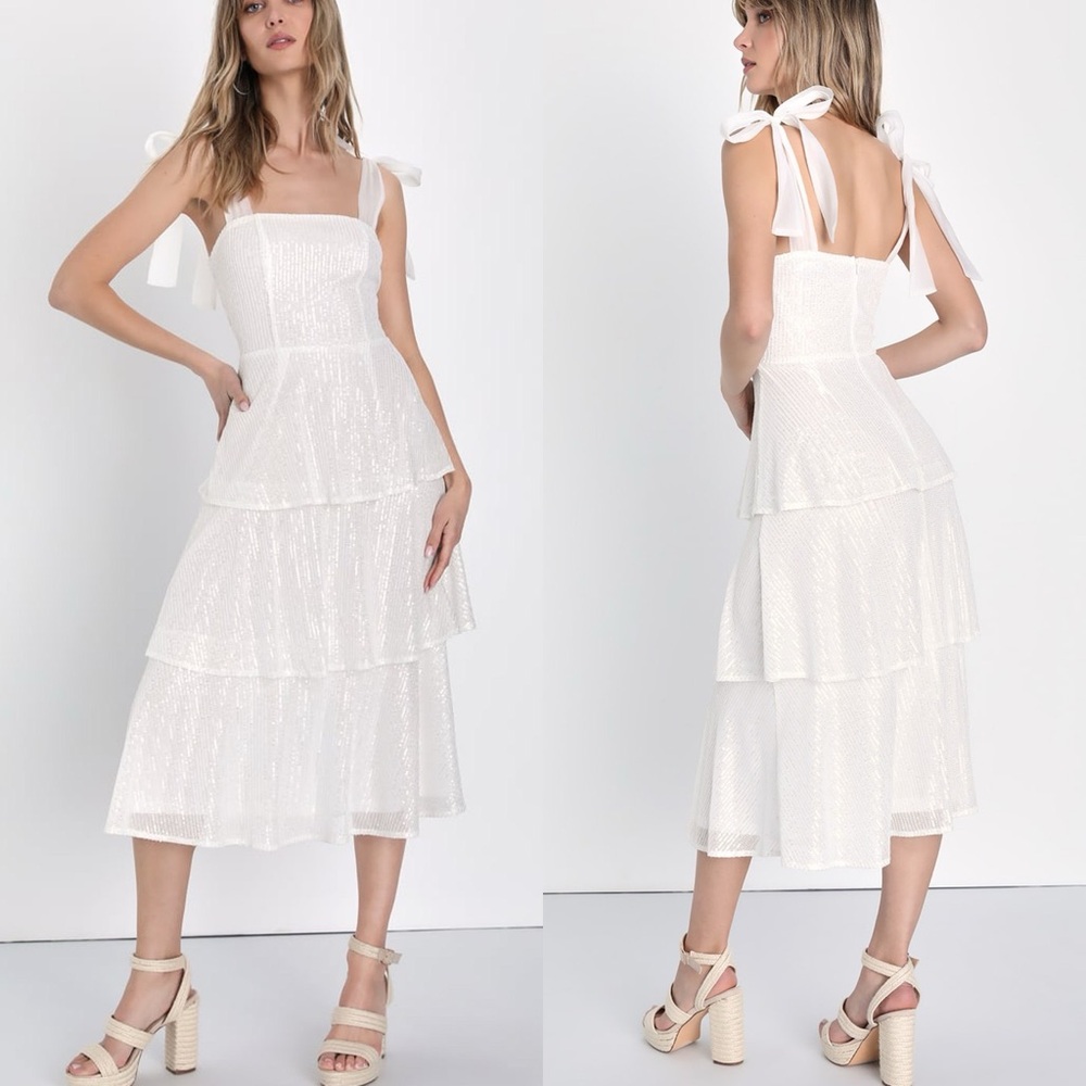 Lulus | Sparkling Charm White Sequin Tie-Strap Tiered Midi Dress